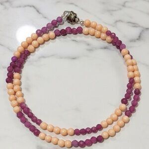 Dainty Semi Precious Ruby & Coral Mother of Pearl Wire Wrap Bracelet